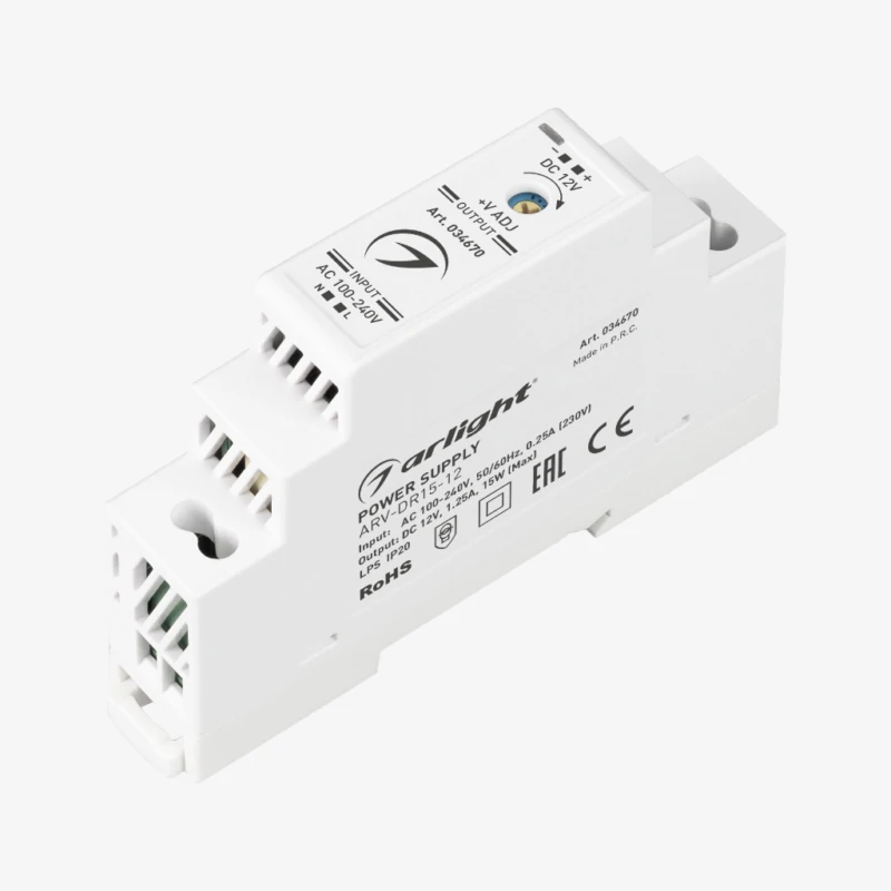 Блок питания ARV-DR15-12 (12V, 1.25A, 15W) (Arlight, IP20 DIN-рейка)